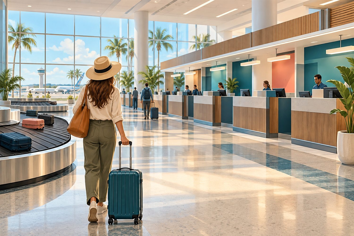 Illustrative airport baggage-claim area with an unbranded rental-car counter